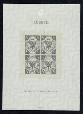 Germany Lübeck #1 1978 Reprint block of 4, some minor wrinkles, embossed, F/VF - Image 1 of 2