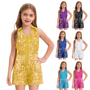 Girl Sparkly Sequin Romper Single Breasted Lapel Jumpsuit Wide Leg Disco Dance - Picture 1 of 75