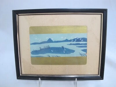 ЯПОНСКАЯ гравюра на дереве с надписью ВОДОПЛАВАЮЩИЕ ПТИЦЫ Голубое озеро в рамке - Изображение 1 из 4