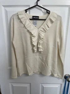 Sag Harbor Cream Ivory Ruffle Front Sweater Size Petite Large V Neck - Picture 1 of 3