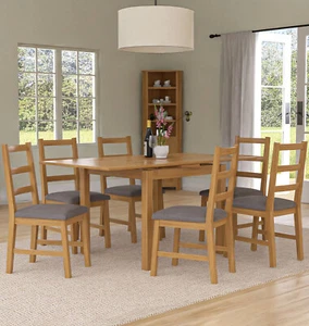 Dining Table Set, Small Extendable Table & 6 Ladder Back Oak Chairs, Grey Seat - Picture 1 of 8