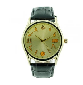 Working Tools - Masonic Watch - Black Leather Band - RoundGold Face Dial Watch - Picture 1 of 1