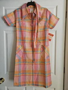 Vintage Sue Sherry Mission Valley Fabric Plaid Dress Pink Orange Blue NWT NOS - Picture 1 of 6