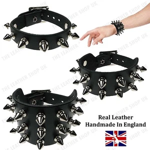 Mens Gothic Punk Spike Real Leather Biker Studded Wristband Handmade In England - Picture 1 of 4