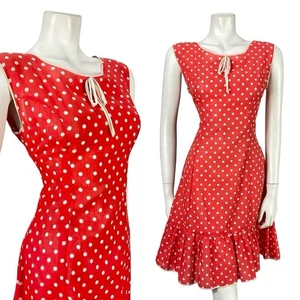 VTG 60S 70S RED WHITE POLKA DOT RIC RAC MOD RUFFLE BOW A LINE DRESS 10 - Picture 1 of 10
