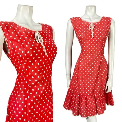 VTG 60S 70S RED WHITE POLKA DOT RIC RAC MOD RUFFLE BOW A LINE DRESS 10 - Image 1 of 4