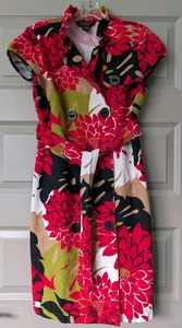 Signature By Robbie Bee Cotton Dress Button Red Black Green White Size 12 - Picture 1 of 8
