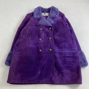 Vintage Italian Fur Coat Purple Lamb Leather Fluffy Real Shearling Size US L–XL - Picture 1 of 24