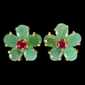 925 Sterling Silver Earrings Oval Emerald Ruby Natural Gemstone Flower Jewelry - Picture 1 of 14