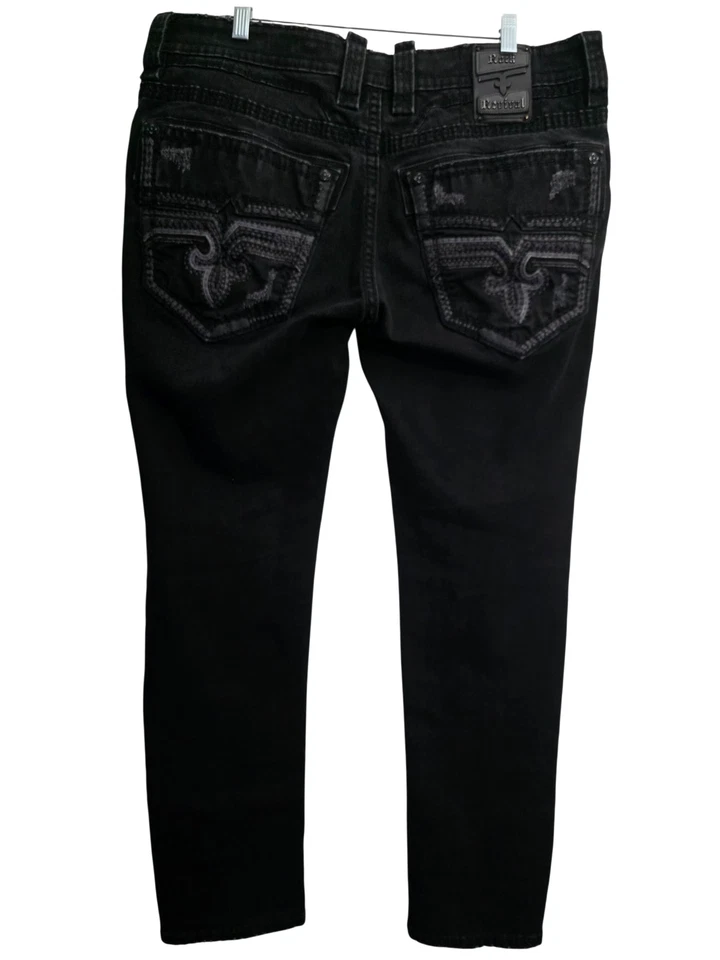 Pantalones de mezclilla Rock Revival para hombre 38 negros Santiago originales cónicos bordados elásticos Foto 1 de 4