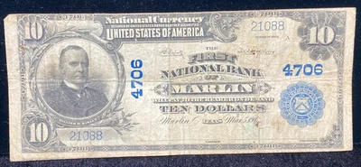 1902 FIRST NATIONAL BANK MARLIN TEXAS $10 LARGE NATIONAL BANKNOTE NO RESERVE - Image 1 of 4
