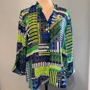 RUBY RD Sheer Green Blue Abstract Print Button Down Blouse Shirt Top Size 10 - Picture 1 of 9