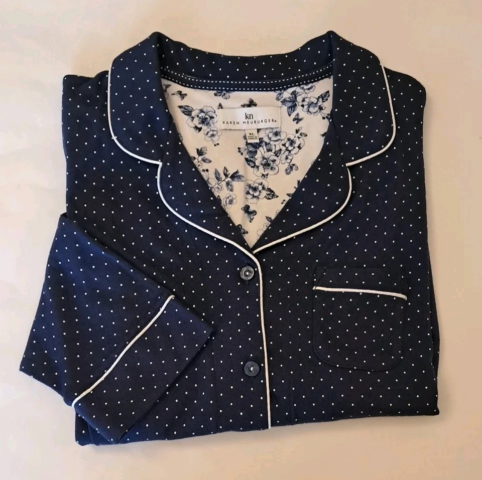 NUEVO SIN ETIQUETAS Karen Neuburger Camisón Manga 3/4 Azul y Blanco Lunares Talla XL Lujo  Foto 1 de 4