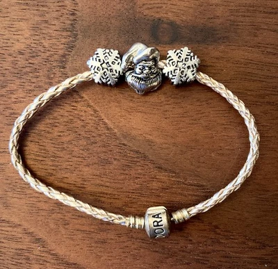 VINTAGE STERLING PANDORA LEATHER CHRISTMAS ALE CHARM BRACELET SANTA & SNOWFLAKES - Image 1 of 4