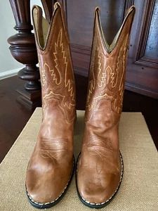 Old West Youth Size 2.5 Brown Leather Cowboy Western Boots Boy Girl 1129 - Picture 1 of 14