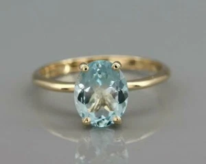 Women's 10k Solid Yellow Gold Oval Real 2Ct Aquamarine Solitaire Wedding Ring - Picture 1 of 7