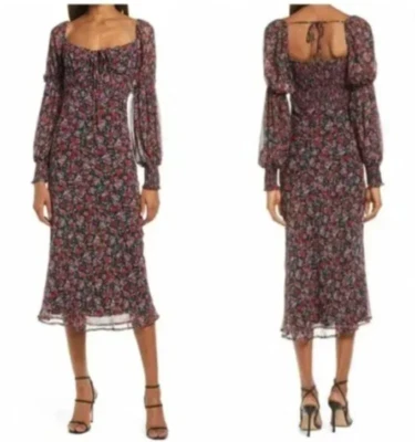 Floret Studios Dress Womens L Dark Floral Overlay Sheer Ruched Milkmaid Peasant - Image 1 of 4
