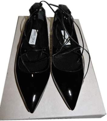 Jimmy Choo Vita Flats Lace Up Pointy Toe Ballerina Flat Lace Up  Black Shoe 37.5 - Image 1 of 4