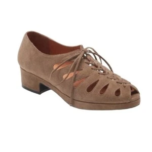 Jeffrey Campbell Zapatos planos de tacón de bloque con cordones y corte láser Spirit de gamuza color canela talla 8.5 - Imagen 1 de 9