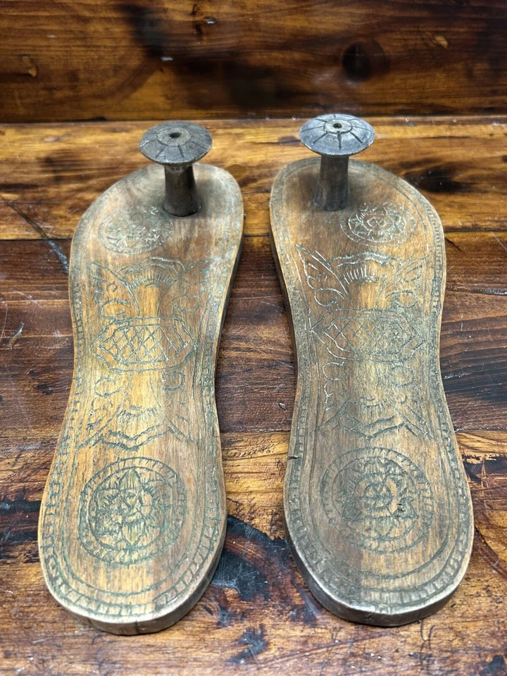 Paduka Shoe Sandal Indian Hand Carved Wood Paduka Sandals World Market Vintage - Image 1 of 4