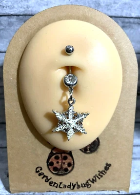 Christmas White Glittery Snowflake Dangle Belly Button Naval Ring Body Jewelry - Image 1 of 3