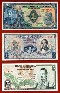 Colombia lot of 3 , one peso oro 1954, one 1970 and 5 pesos 1980 Very Nice !! - Picture 1 of 2