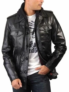 Men's Black Removable Hooded Real Leather Winter Motorcycle Button-up Jacket - Picture 1 of 7