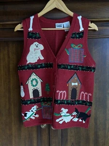 Vintage Christmas PS Red Dog Knit Sweater Vest DUKE DAISY Holiday Teacher NEW - Picture 1 of 8