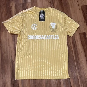 NEW Crooks & Castles Soccer Jersey Men's Medium Gold Striped Athletic Shiny - Picture 1 of 7