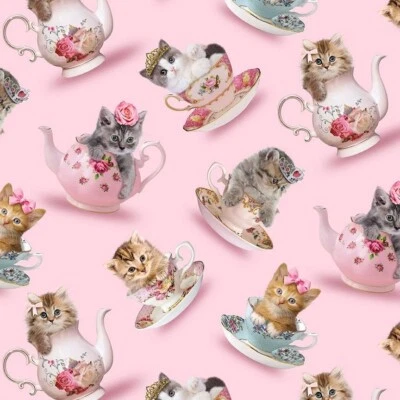 BTHY Cat Kittens Kitties in the teacups Pink Cotton Fabric By The half Yard - Image 1 of 3
