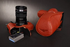 Estuche completo de cuero genuino con cámara para Olympus OM-D E-M5 II M2 marrón abierto - Imagen 1 de 10