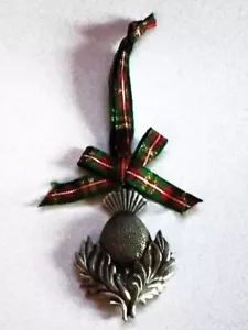 SCOTTISH FLOWER OF SCOTLAND THE THISTLE IN PEWTER WITH TARTAN RIBBON TO HANG BY - Picture 1 of 2