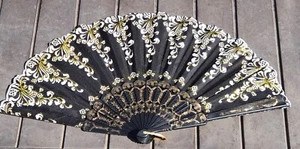 Black Glitter Classic Print Ladies Folding Hand Summer Decorative Fan UK Seller - Picture 1 of 3