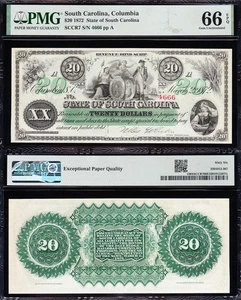 Amazing GEM++ UNC Columbia, SC 1872 $20 State Obsolete Note! PMG 66 EPQ! 4666 - Picture 1 of 3