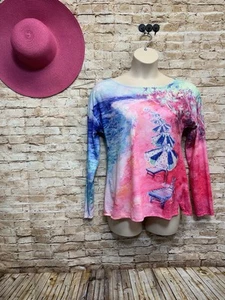 Leoma Lovegrove Copyright Art Beach Chairs and Umbrellas Print Knit Top Size M - Picture 1 of 6
