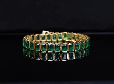 14k Solid Gold Natural Zambia Emerald Tennis Bracelet 7in Green Zambia Emerald - Image 1 of 3