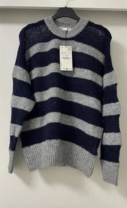 ZARA GREY NAVY STRIPED WOOL ALPACA BLEND SOFT KNIT SWEATER SIZE M BNWT - Picture 1 of 6
