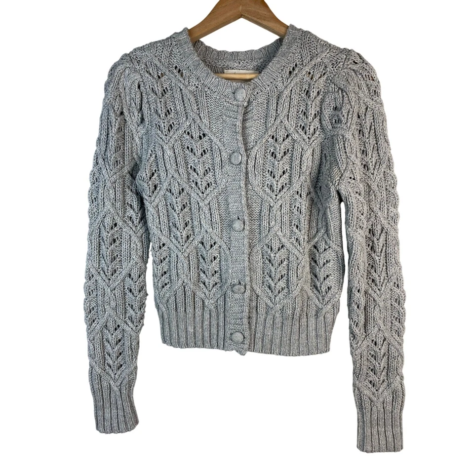 Lucky Brand Women's Size S Gray Metallic Silver Cable Knit Cardigan Sweater - Image 1 of 4