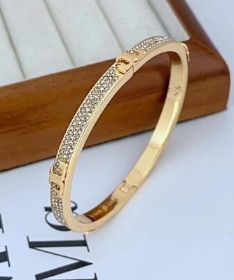 Gold Bangle Bracelet - Tory Burch Serif T Pave Hinged - Image 1 of 3