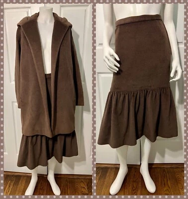 Abrigo de lana cepillada marrón vintage años 60 Lilli Ann ribete con volantes y falda a juego S/M Foto 1 de 4