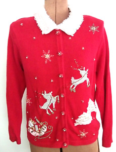 AS IS Red VICTORIA JONES Collar UGLY-BEAUTIFUL Button CHRISTMAS Sweater/Size PM
