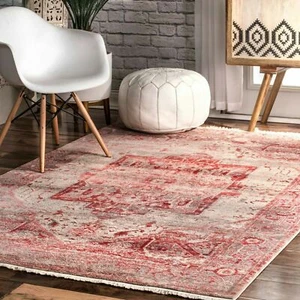 nuLOOM Traditional Transitional Vintage Ehtel Medallion Fringe Red Area Rug - Picture 1 of 5