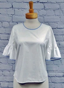 J. Crew Buttonback Tipped Blue/White Piping 100% Cotton Bell Sleeve Blouse 6 - Picture 1 of 7
