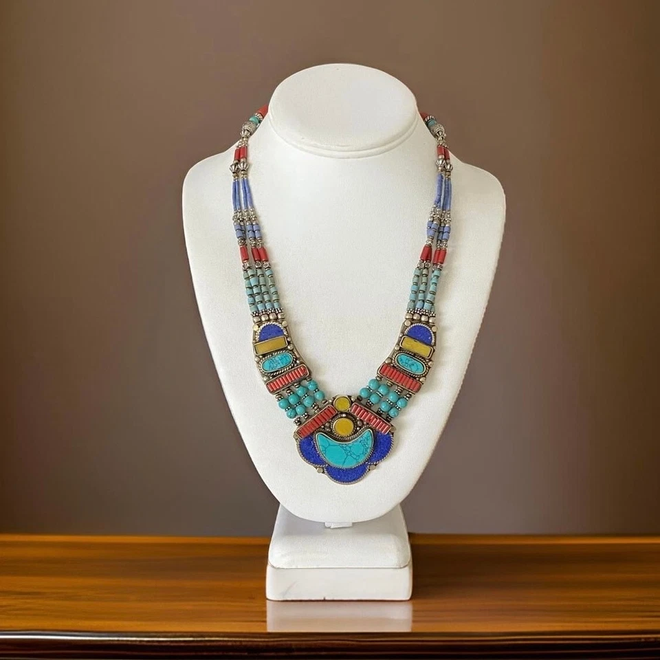 Nepal Tibetano Babero Collar Turquesa Nepal Étnico Lapislázuli Hecho a Mano Joyería Boho  Foto 1 de 4