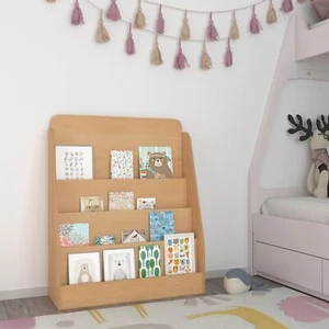 Estante de almacenamiento de libros de madera natural para niños con 4 listones de almacenamiento y apto para niños... - Imagen 1 de 12