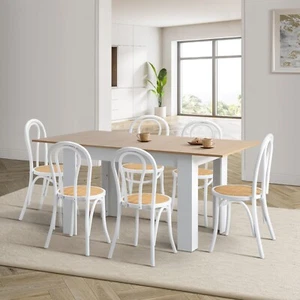 Oikiture 160cm Extendable Dining Table with 6PCS Crossback Dining Chairs White - Picture 1 of 6