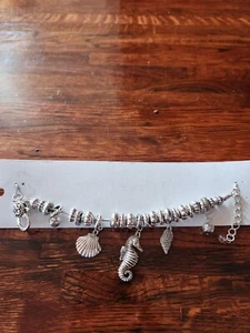 Beach Bracelet Seashells Seahorse Silvertone Charms Island Jewelry Is Fun Charm - Picture 1 of 3
