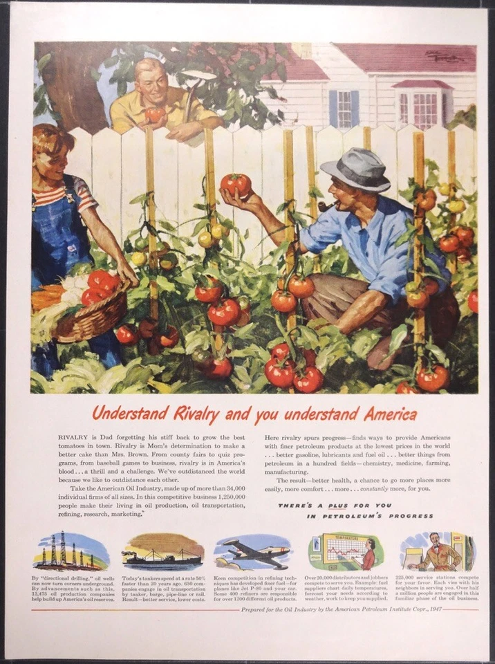 复古杂志广告 1947 年石油工业美国竞争西红柿艺术 Saul Tepper — 第 1/1 张图片