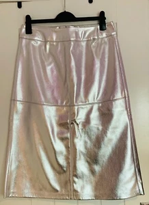 M&S Size 14 Faux Leather Metallic Silver MIDI Skirt With Back Split Bnwt Funky - Picture 1 of 6