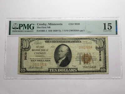 $10 1929 Crosby Minnesota MN National Currency Bank Note Bill Ch. #9838 F15 PMG - Image 1 of 4